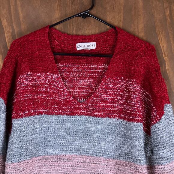 Knox Rose Womens Sweater Multicolor Striped V Neck Long Sleeve Acrylic Blend XL - Picture 2 of 12